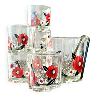 The service of 6 whiskey glasses with red flowers, with its bucket and its ice cube tongs.