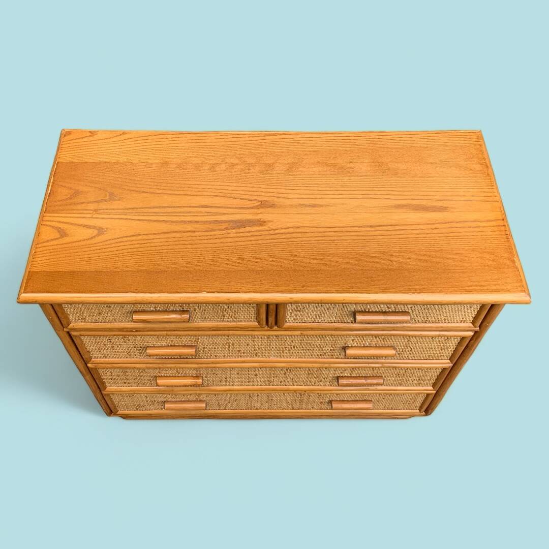 Vintage rattan and woven wicker chest of drawers 1970