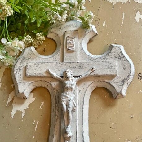 Wooden crucifix white patina aged effect