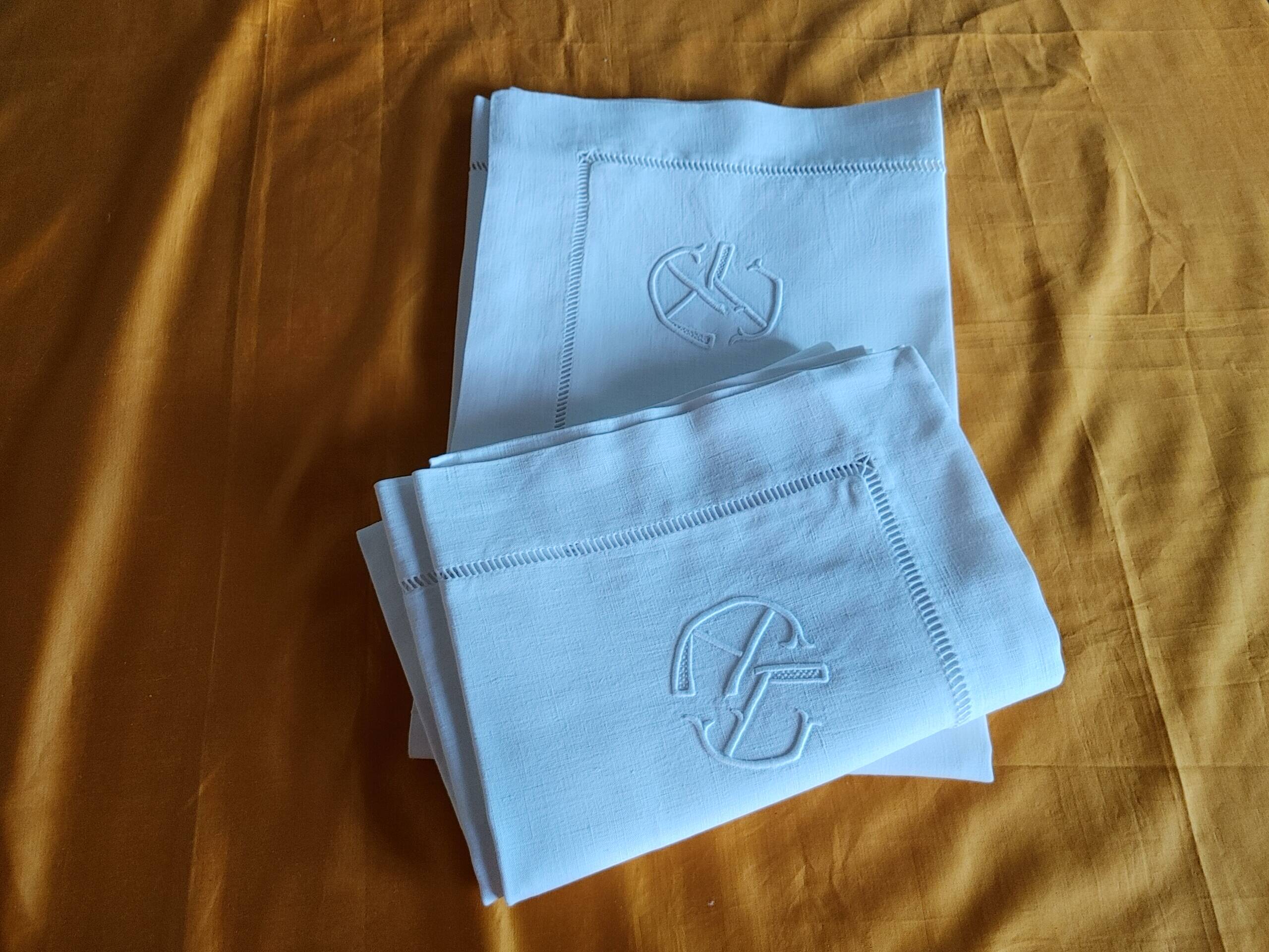 Pair of old linen & cotton pillowcases - ac monogram