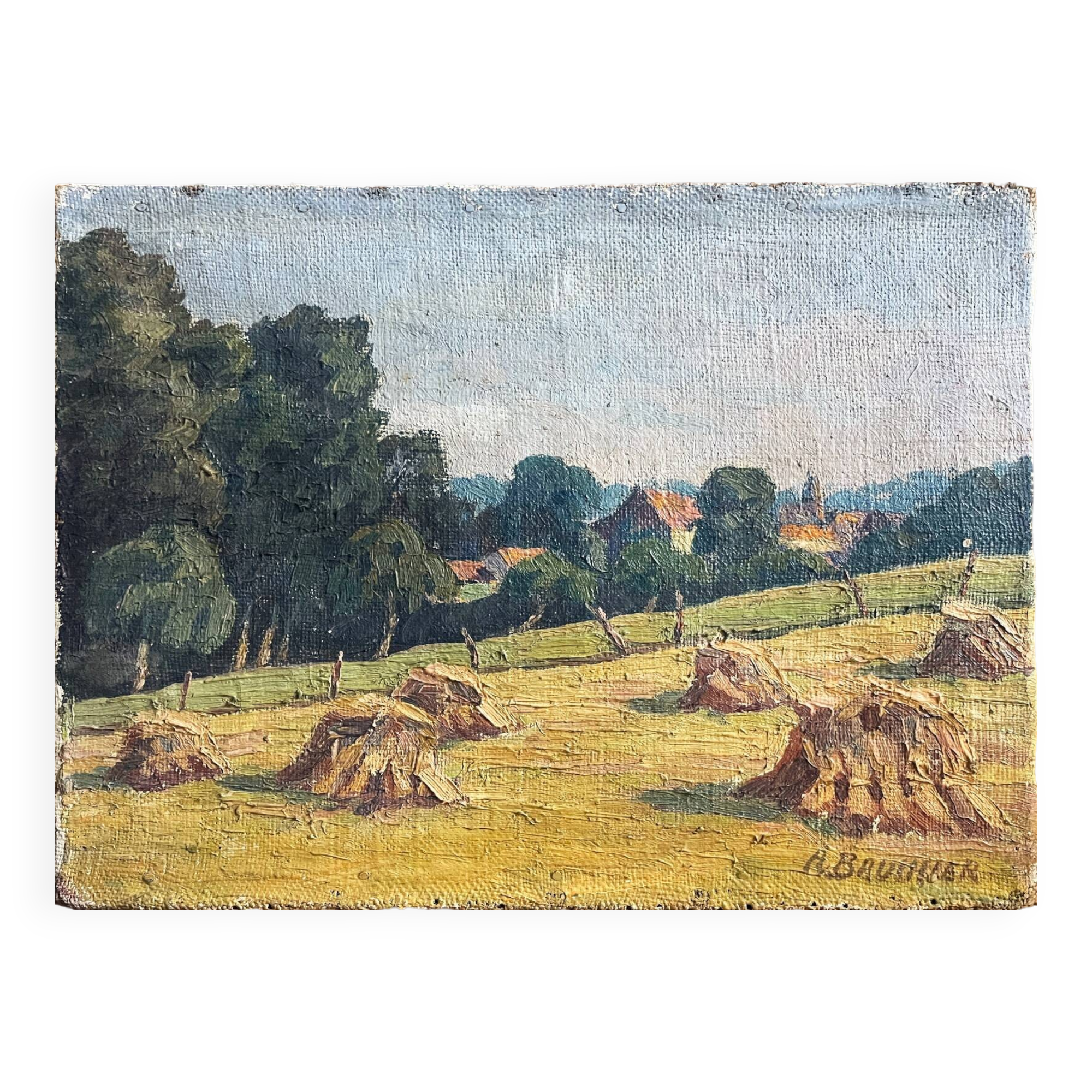 Oil painting on canvas "Landscape with Haystacks and Village" signed Post-Impressionist