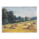 Oil painting on canvas "Landscape with Haystacks and Village" signed Post-Impressionist