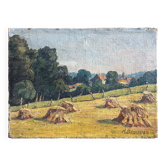 Oil painting on canvas "Landscape with Haystacks and Village" signed Post-Impressionist