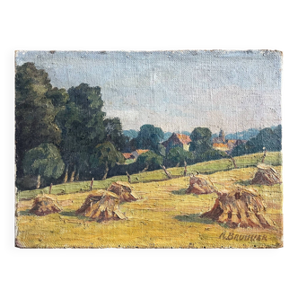 Oil painting on canvas "Landscape with Haystacks and Village" signed Post-Impressionist