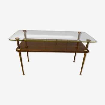 Table basse des années 60 en verre, plateau verre et bois