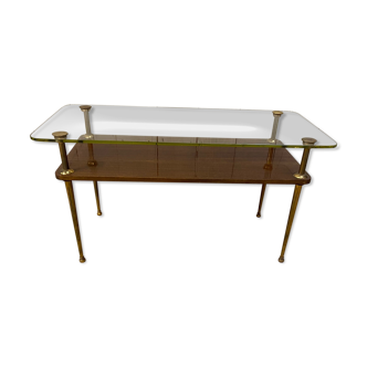Table basse des années 60 en verre, plateau verre et bois