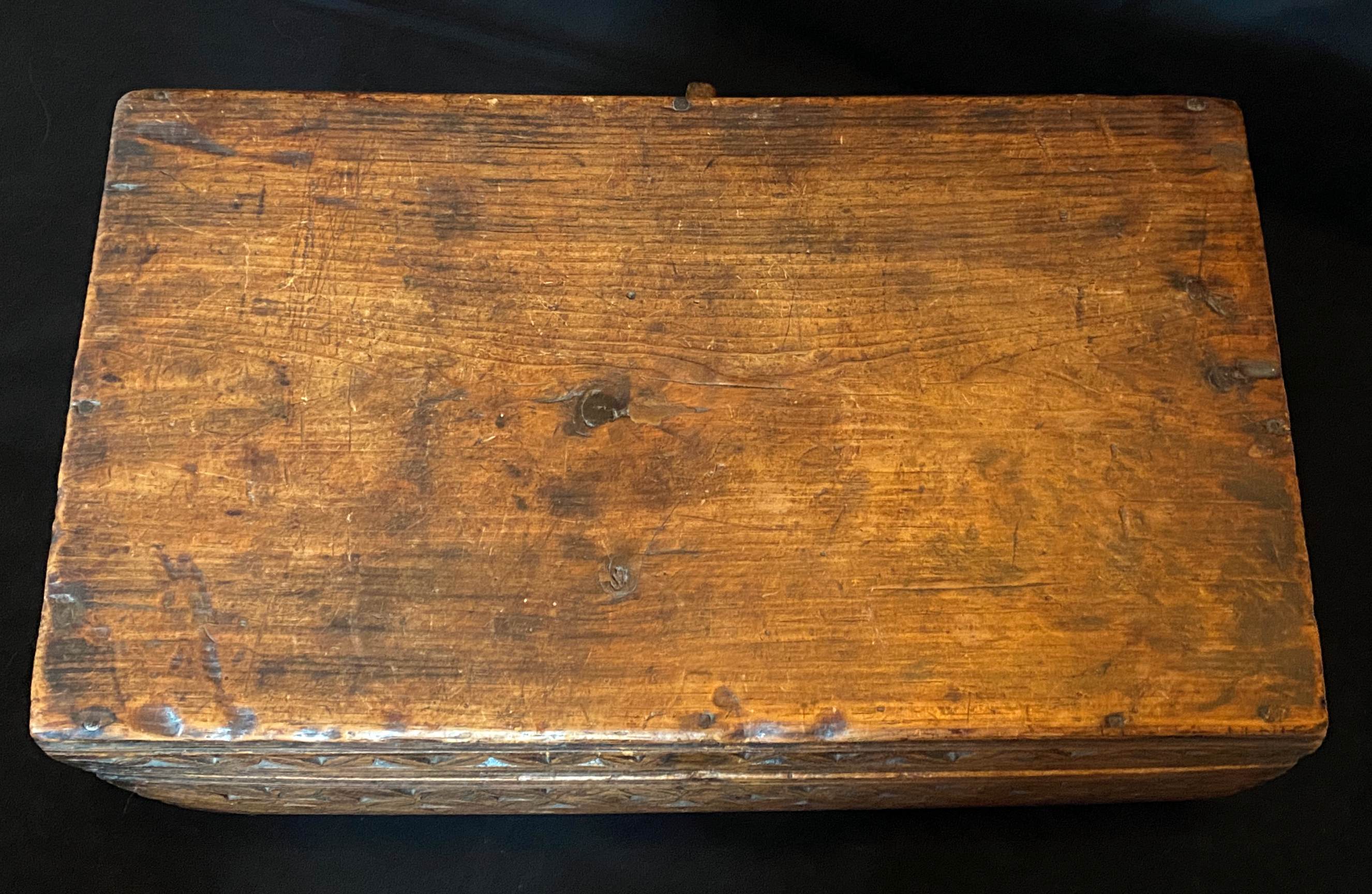 Old wooden chest with carved rosettes regionalism folk art
