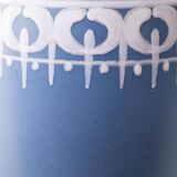 Mid-century modern blue ceramic table lamp with new Liberty London floral shade.