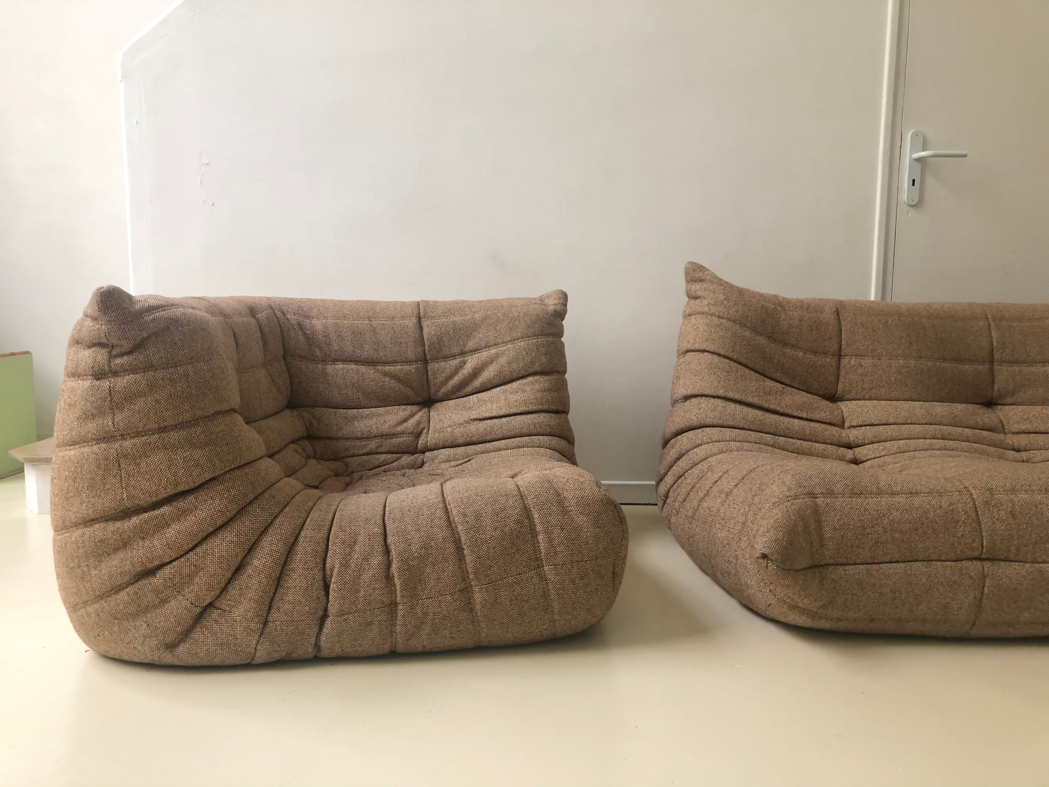 Set Togo sofa 3 places and angle in beige wool edition Ligne Roset of the 80s