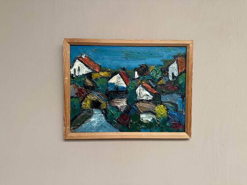 Original Swedish Oil on Panel – "Village Scene (Thick Impasto)" – Signed – Vintage and Framed