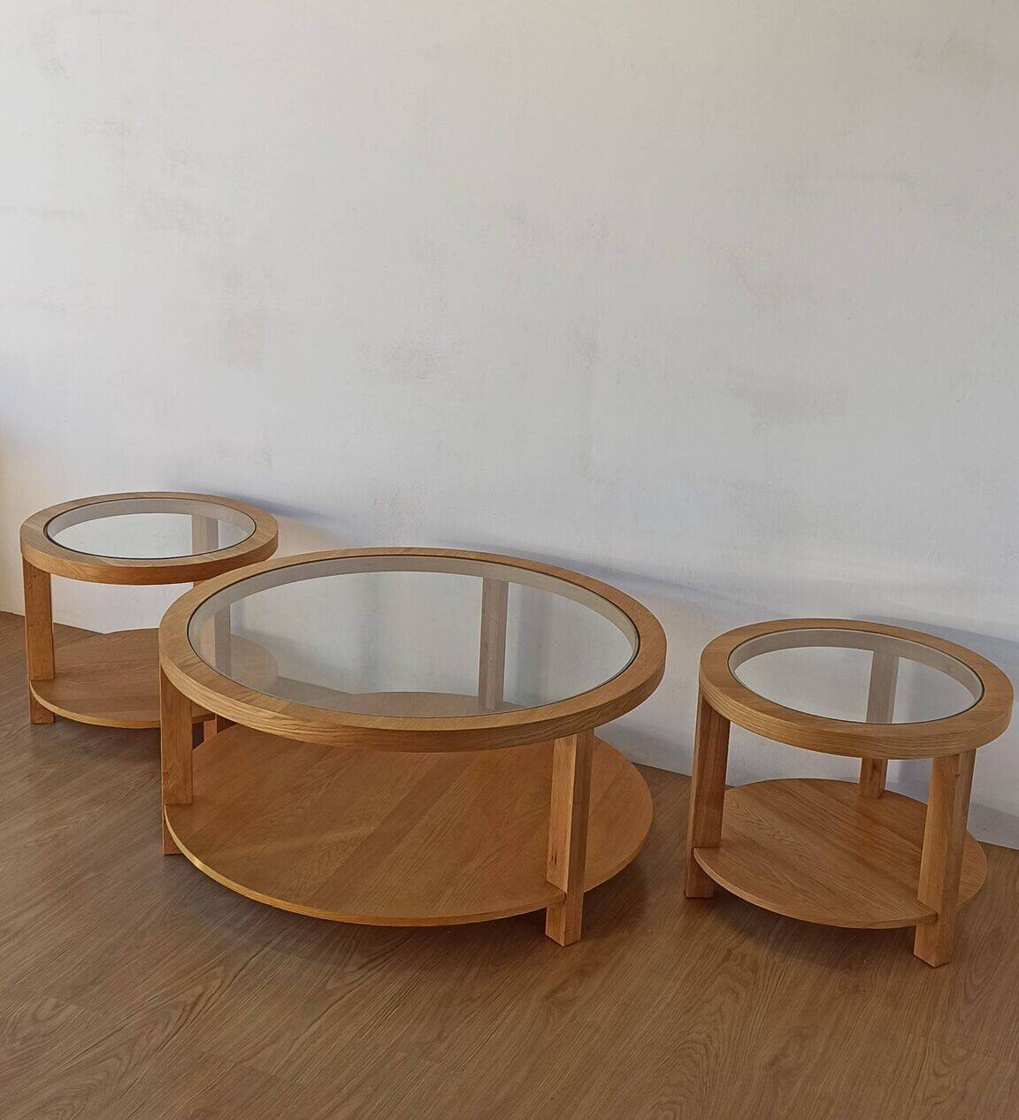 Round Tables with Glass Tops, Set of 3.