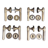Four pairs of brass door handles with key plates