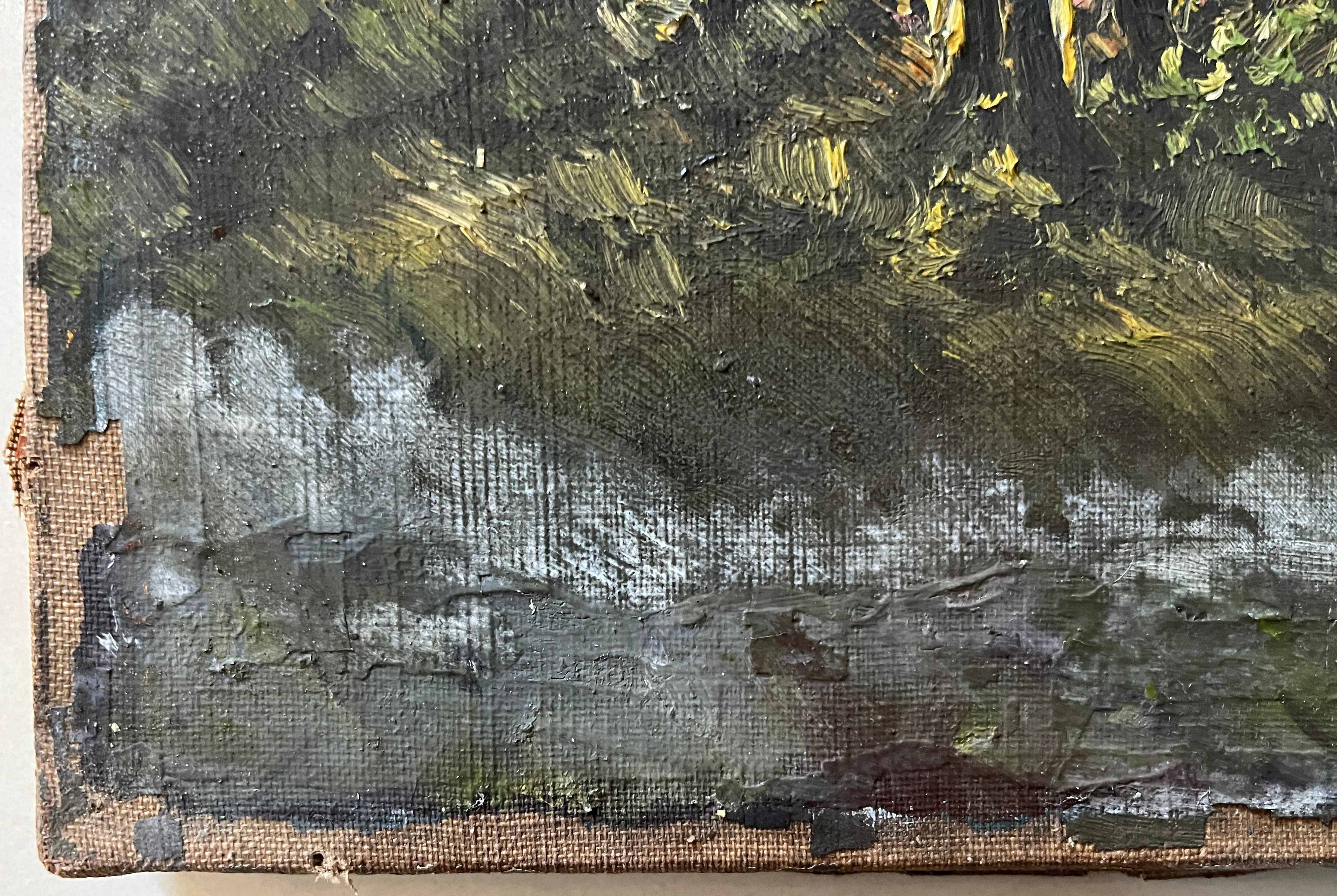 Table pendant of HST "Barbizon Landscape" signed (?) for restoration.