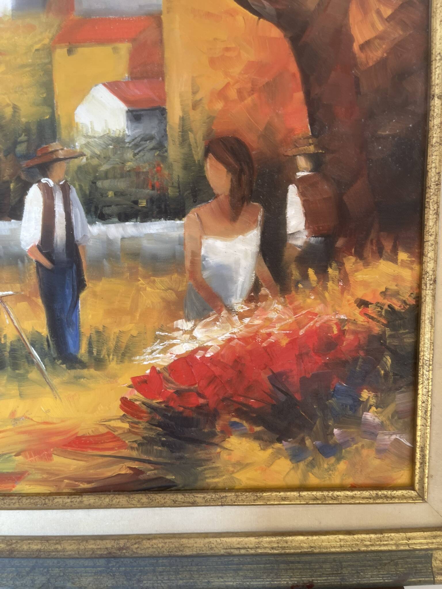Old Oil Painting Canvas Landscape Peasant Work Provence