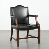 Wooden and black cow leather antique English Gainsborough side/desk/chair