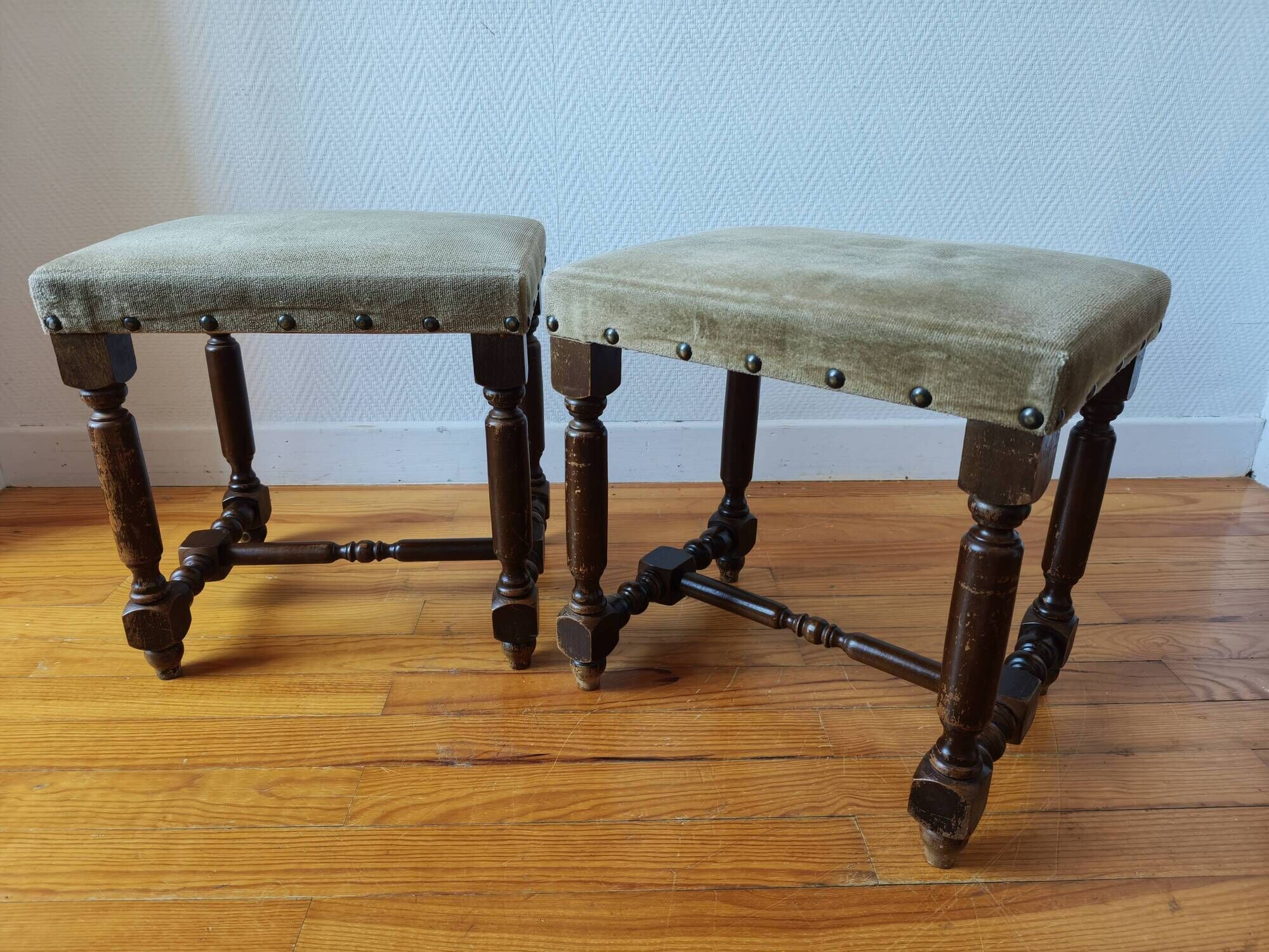Pair of vintage Dutch stools with a patina – Wabi-Sabi spirit