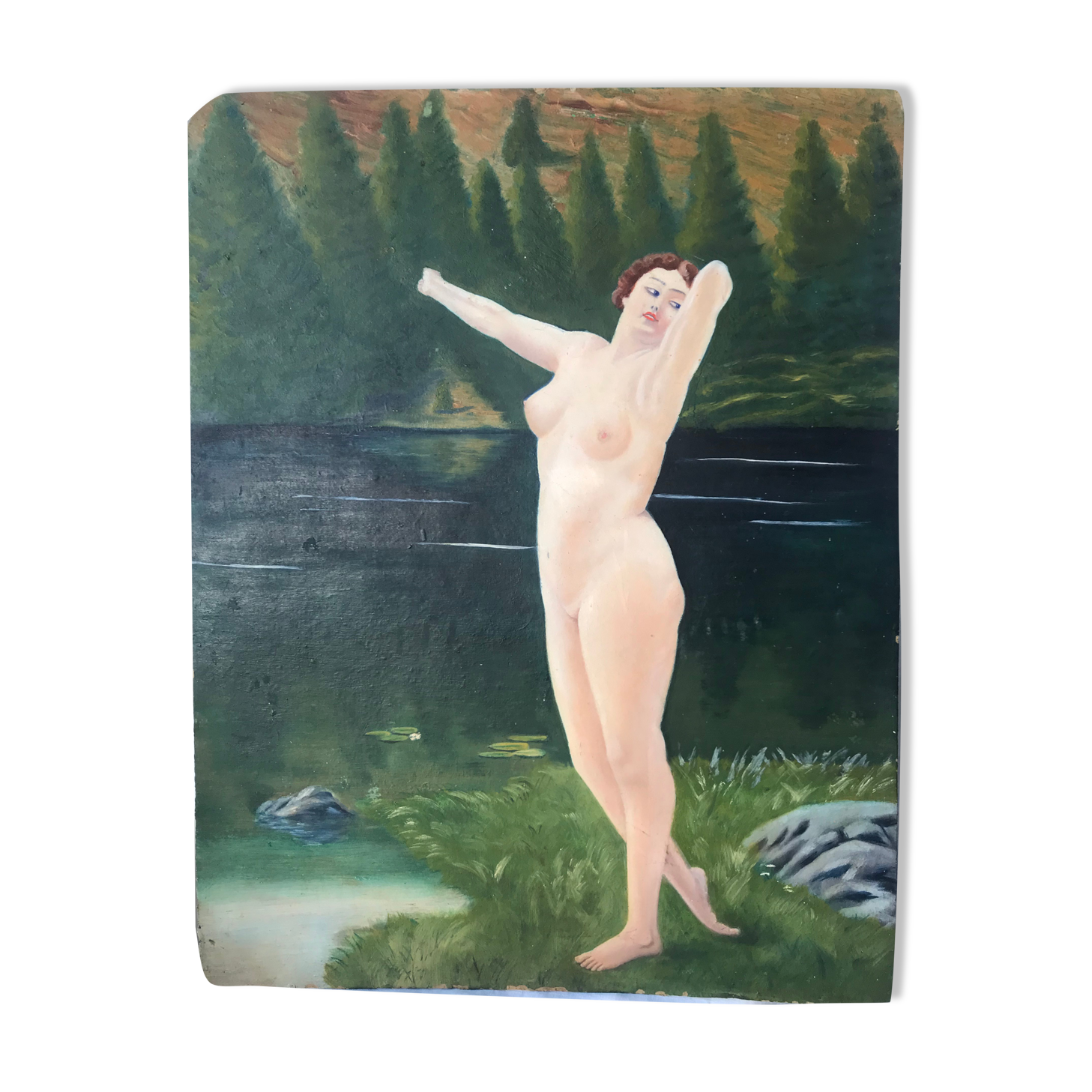 Old oil painting on large format cardboard 1920 nymph at the edge of a lake
