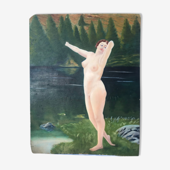 Old oil painting on large format cardboard 1920 nymph at the edge of a lake