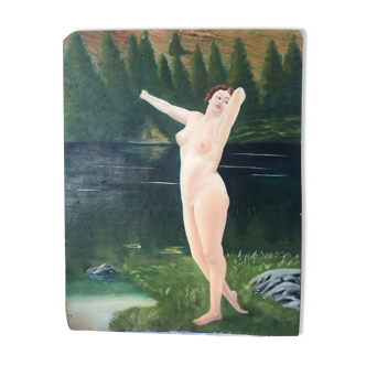 Old oil painting on large format cardboard 1920 nymph at the edge of a lake