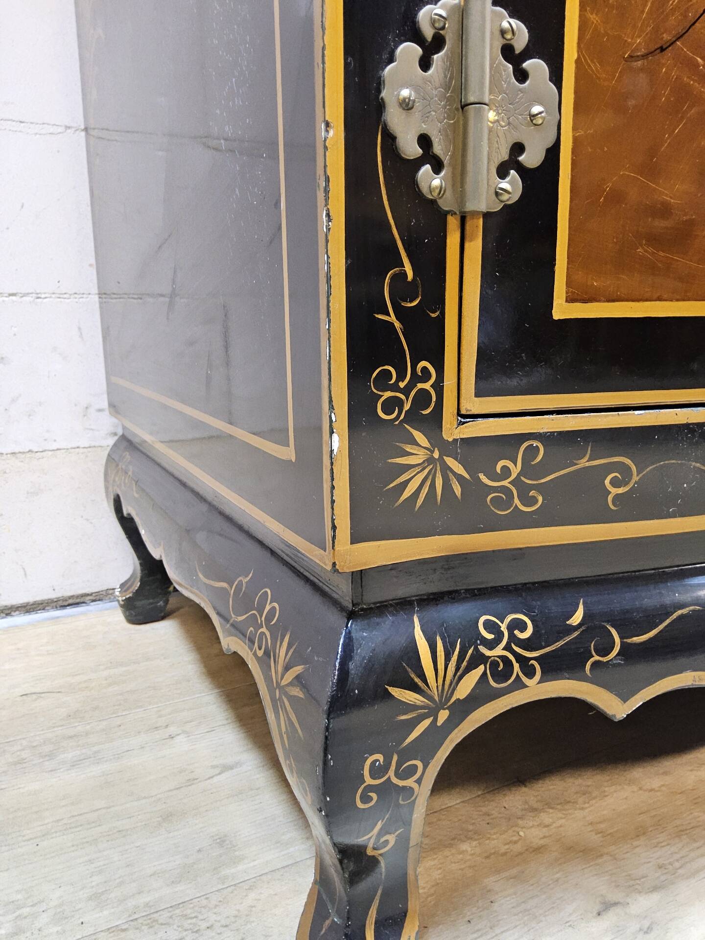 Vintage Chinese cabinet with gold leaf, flowers and peacock/ bohemian