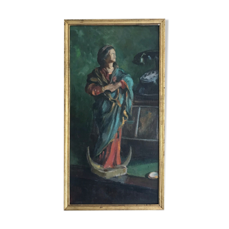 Still life with statuette, oil on signed panel
