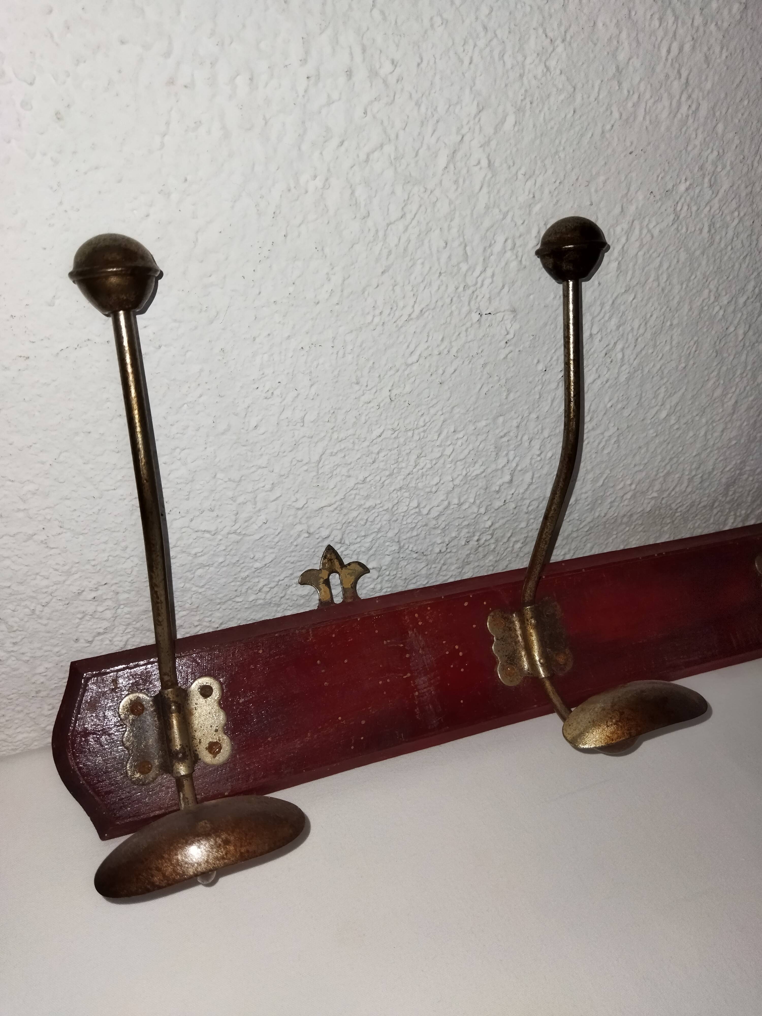 Old wall coat rack wood and iron 4 hooks
