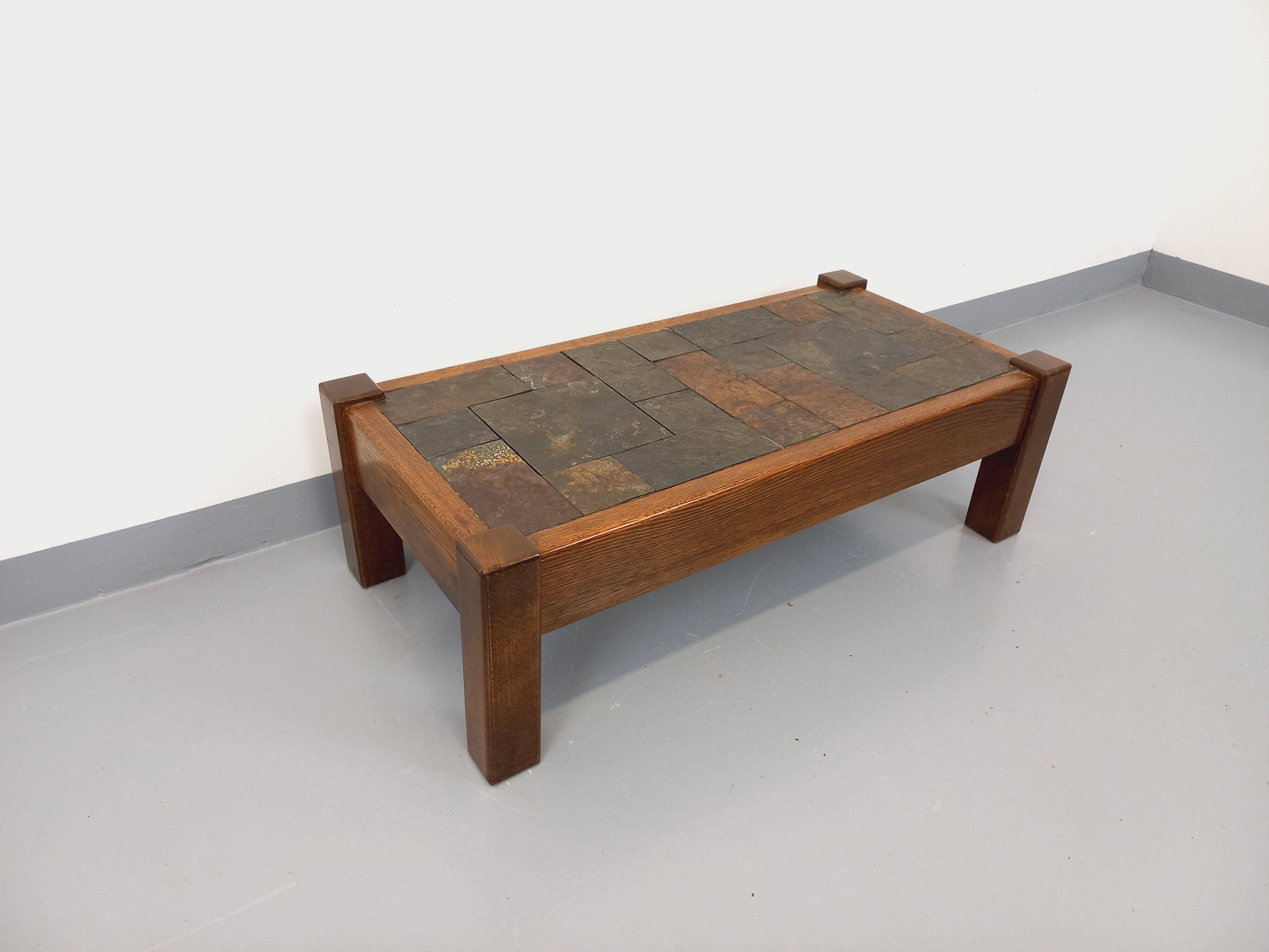 Vintage Brutalist Oak and Slate Coffee Table from the 60s-70s