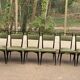 6 Italian design dining chairs in Scandinavian style with wood and olive green leather.