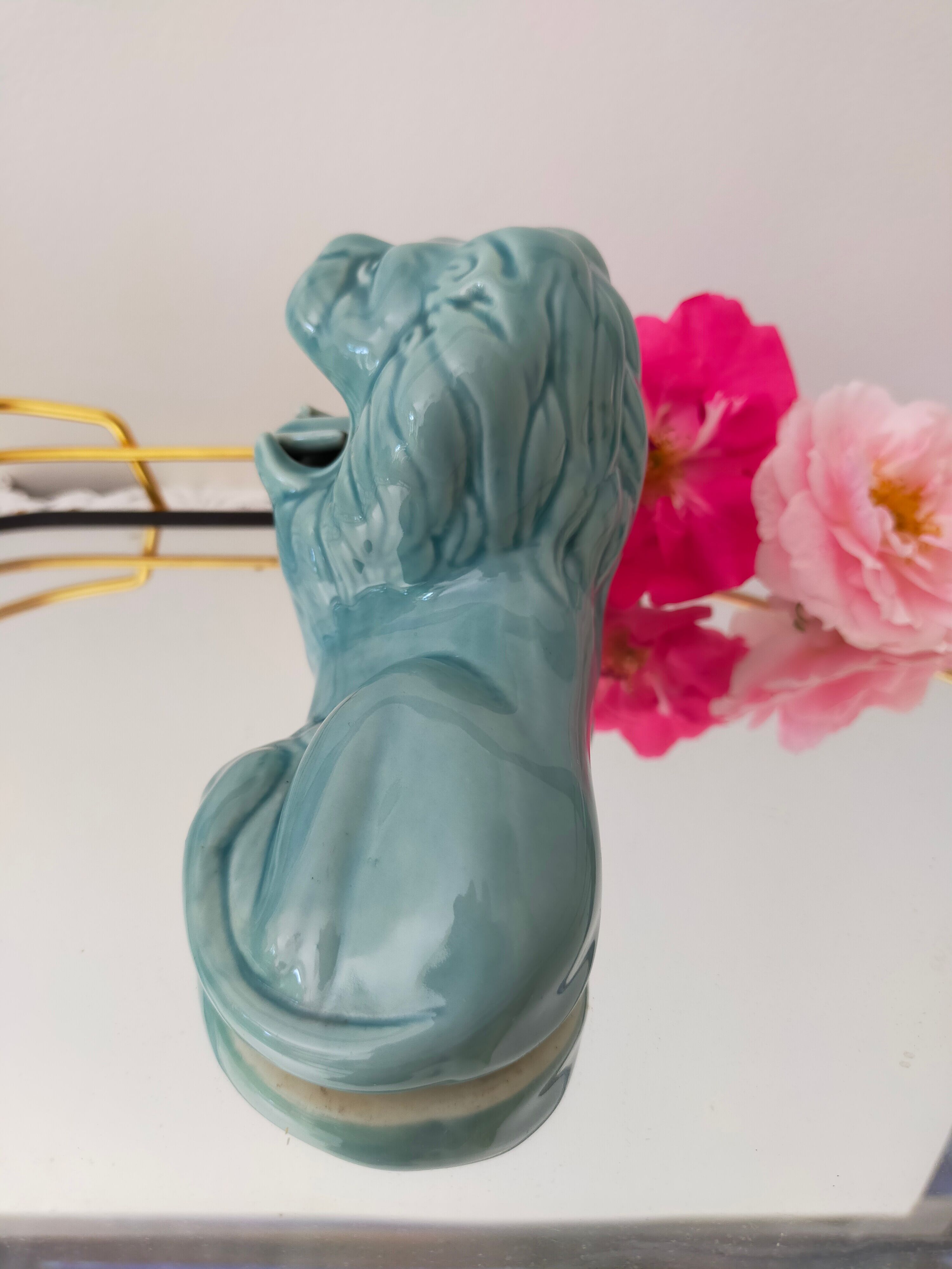 Ashtray vintage ceramic zoomorphic "lion" glaze light blue vintage of the 50s
