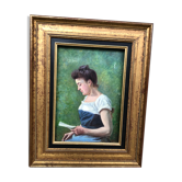 Huile sur toile 19éme la liseuse au jardin