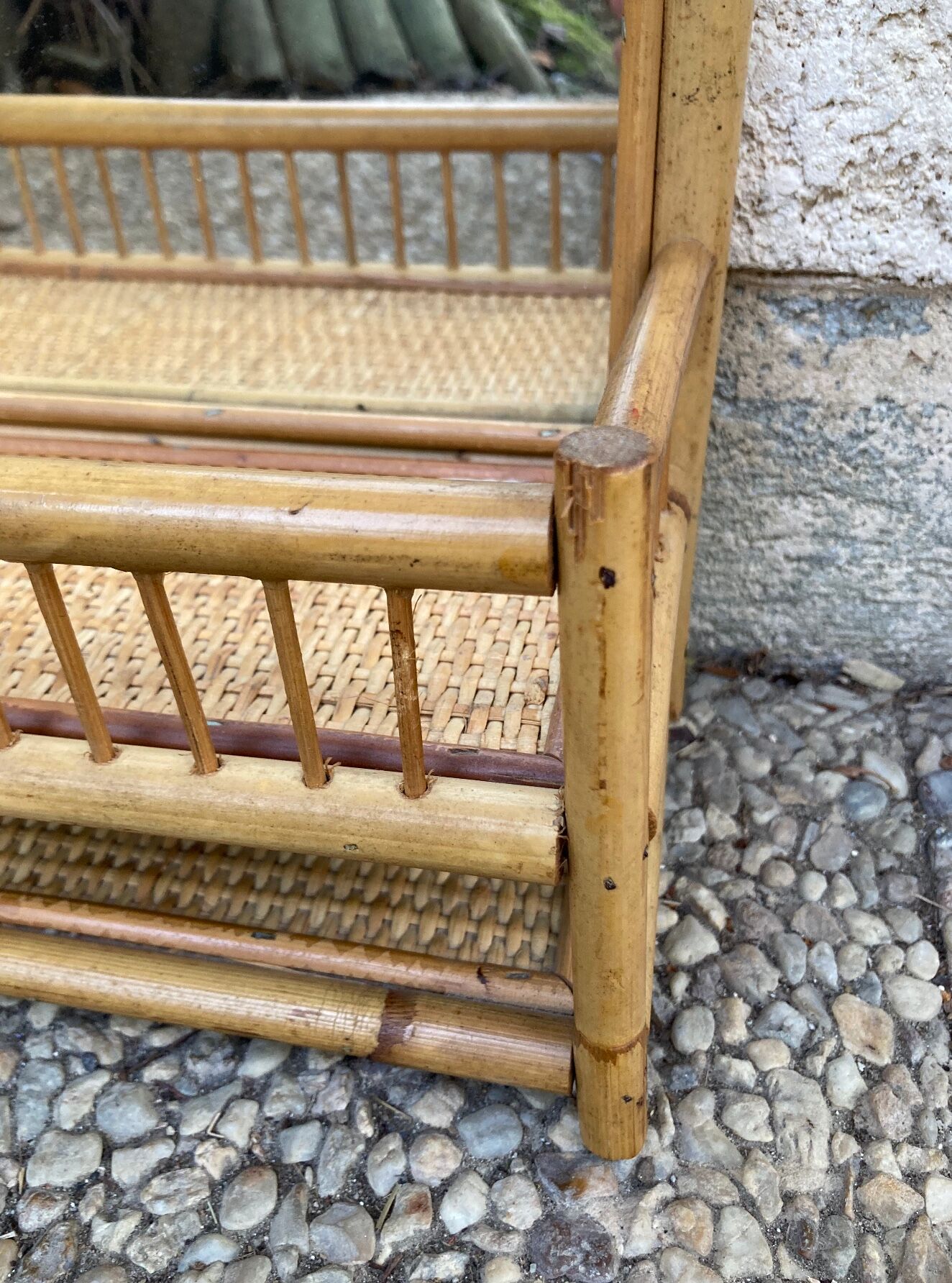 Vintage rattan wall shelf with mirror