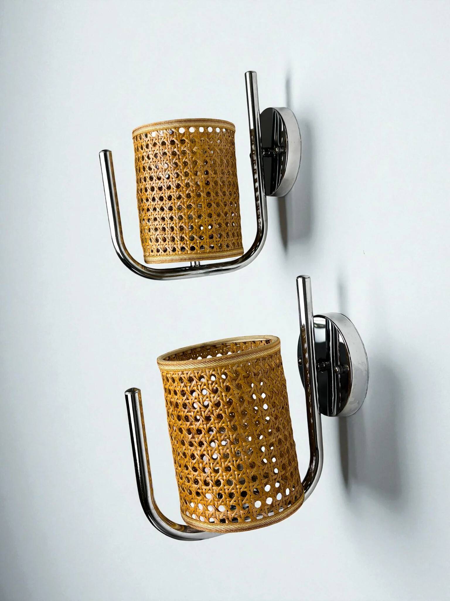 Pair of vintage rattan & chrome wall lights, Italy, 1970s