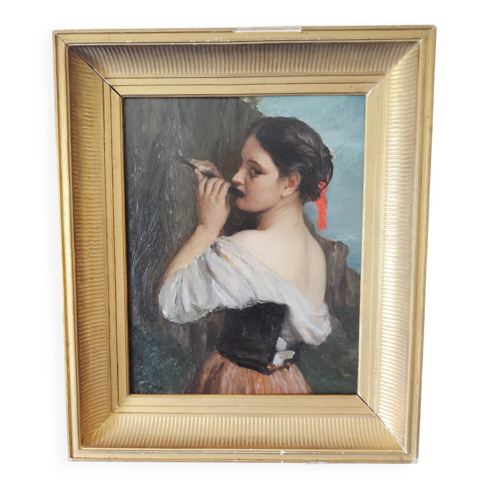 Superb oil on wood panel of a flute player by Firmin Gauthier.