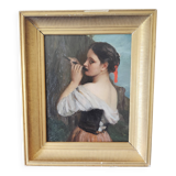 Superb oil on wood panel of a flute player by Firmin Gauthier.