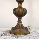 Spanish vintage brass table lamp with beige braided plastic shade 5555.