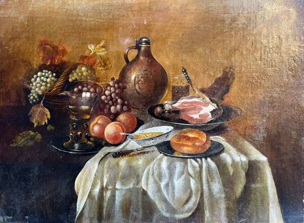 Tableau ancien HSP/C ''Le buffet, jambon et raisins'' dans l'esprit Cornelis