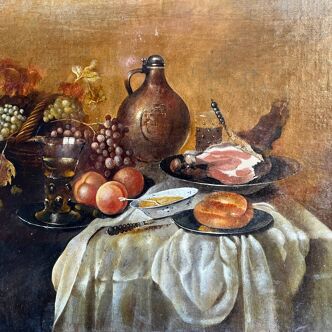 Antique painting HSP/C "The Buffet, Ham and Grapes" in the style of Cornelis