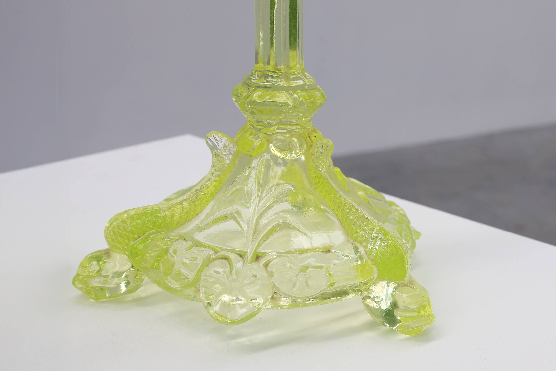 Pair Uranium or annagreen glass candlesticks by Vallerysthal & Portieux