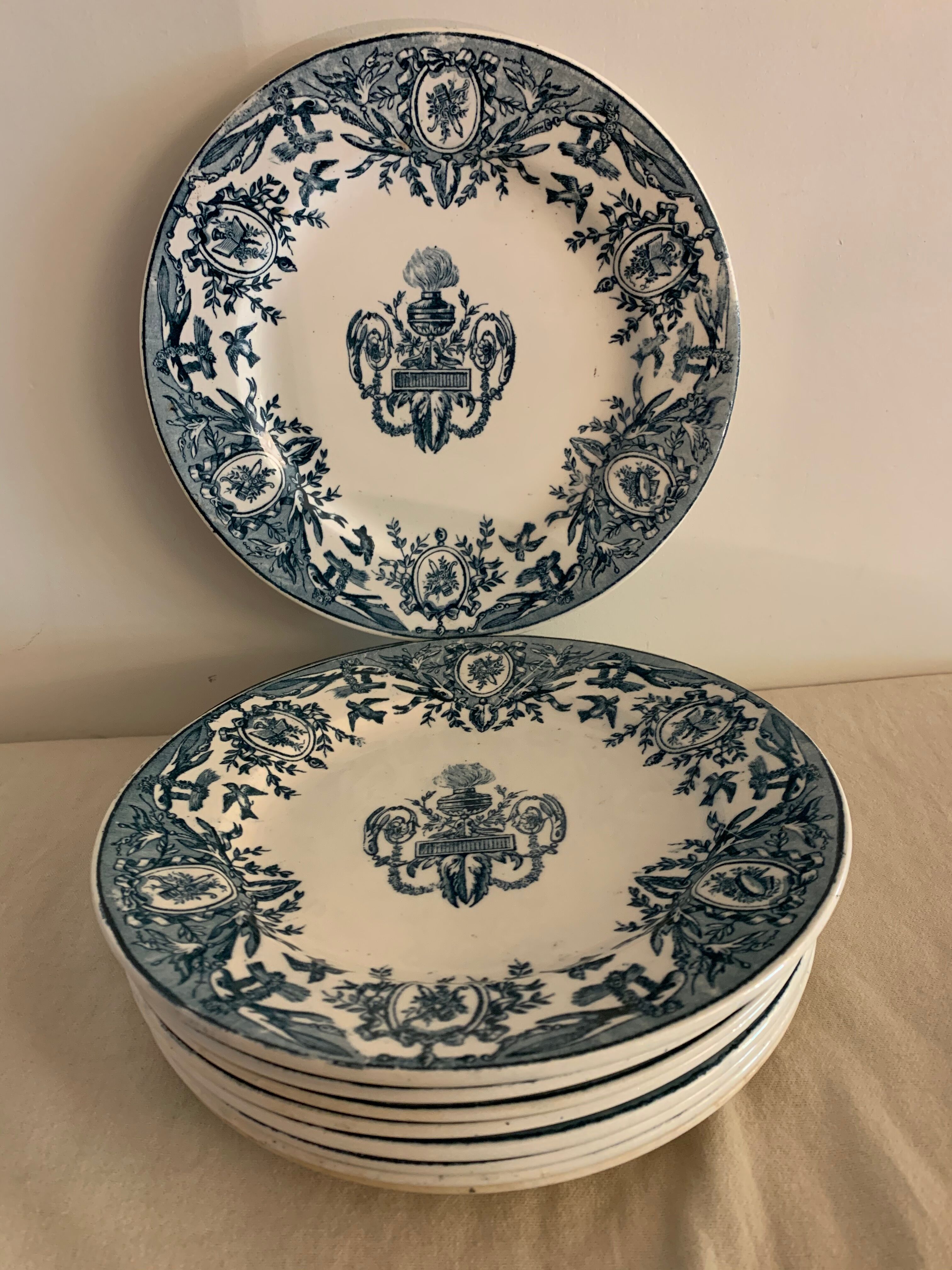 10 old blue flat plates Terre de Fer Léon Graves model Louis XVI, twentieth century
