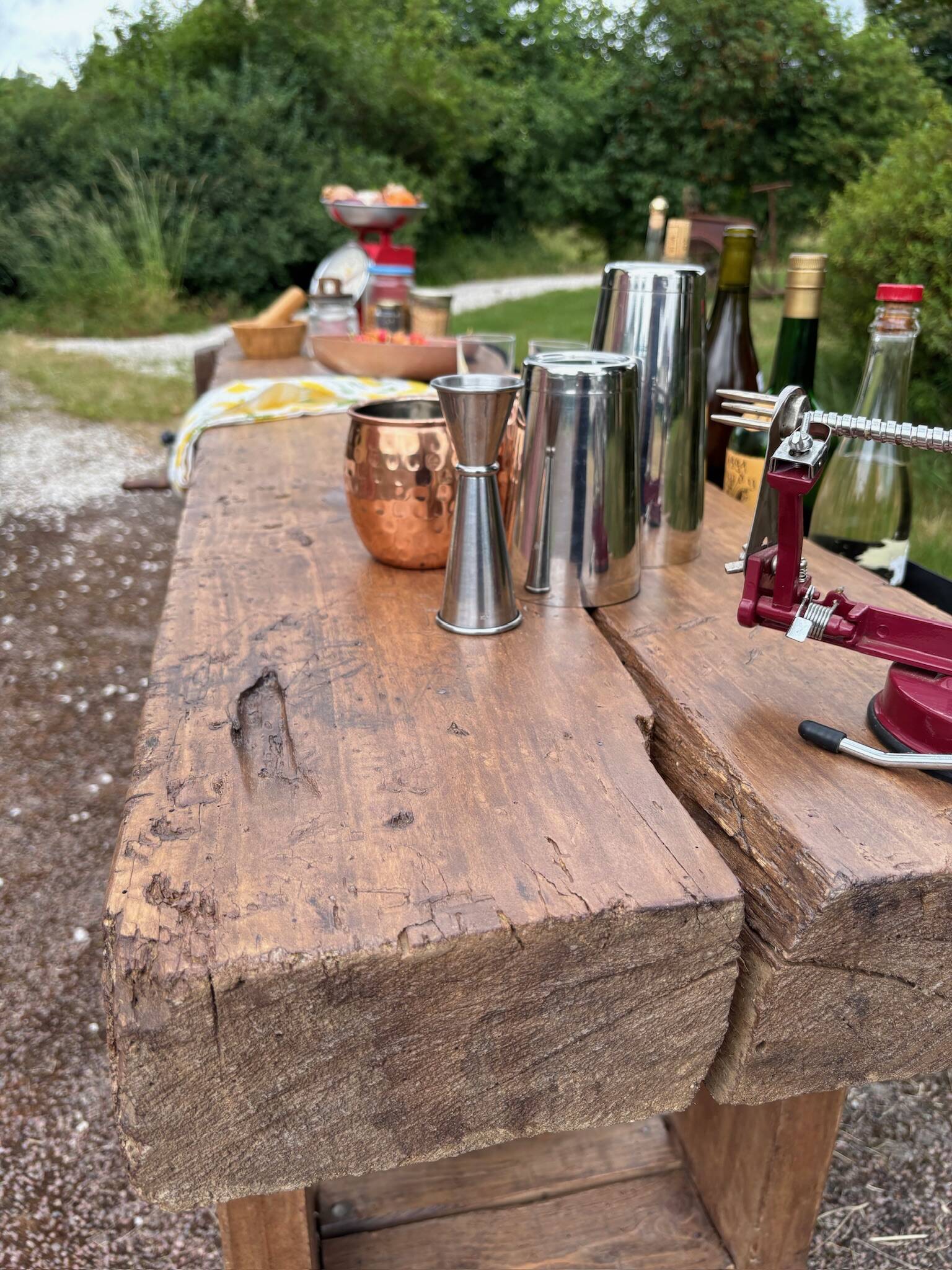 Restored old carpenter's workbench – Console / side table in solid wood