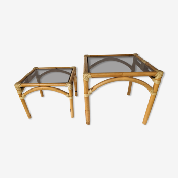 Deux tables basse empilables bout de canapé en rotin et bambou Maugrion