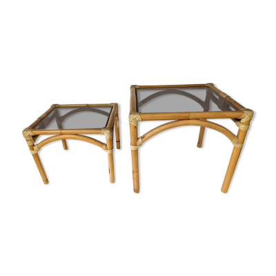 Deux tables basse empilables bout de canapé en rotin et bambou Maugrion
