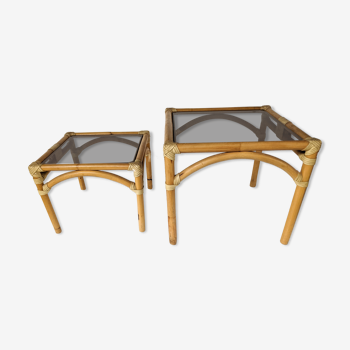 Two stackable coffee tables with rattan and bamboo maugrion sofa end