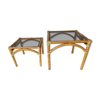 Two stackable rattan and bamboo Maugrion coffee tables