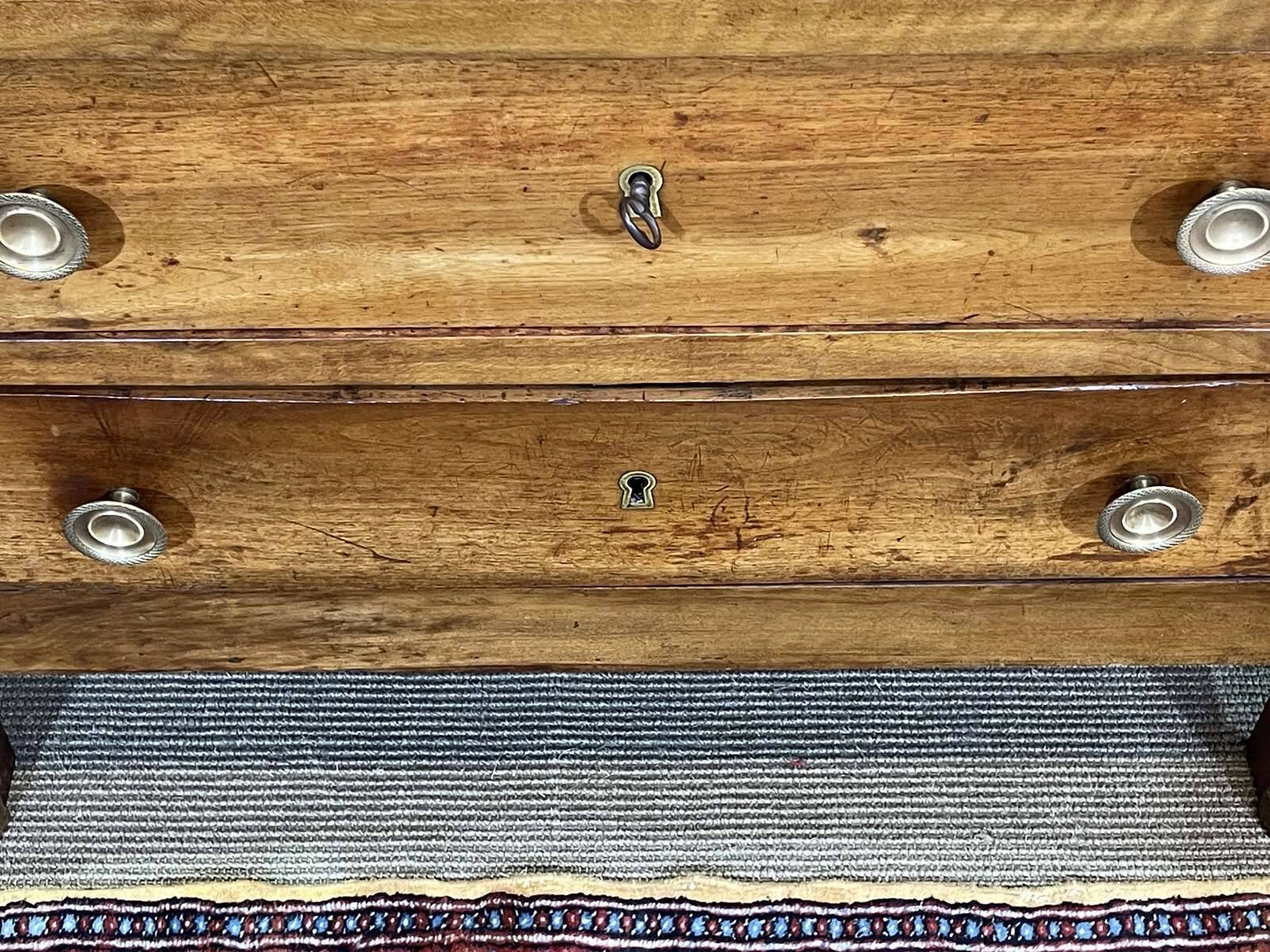 19th-century Empire commode in walnut with a grey St Anne marble top.