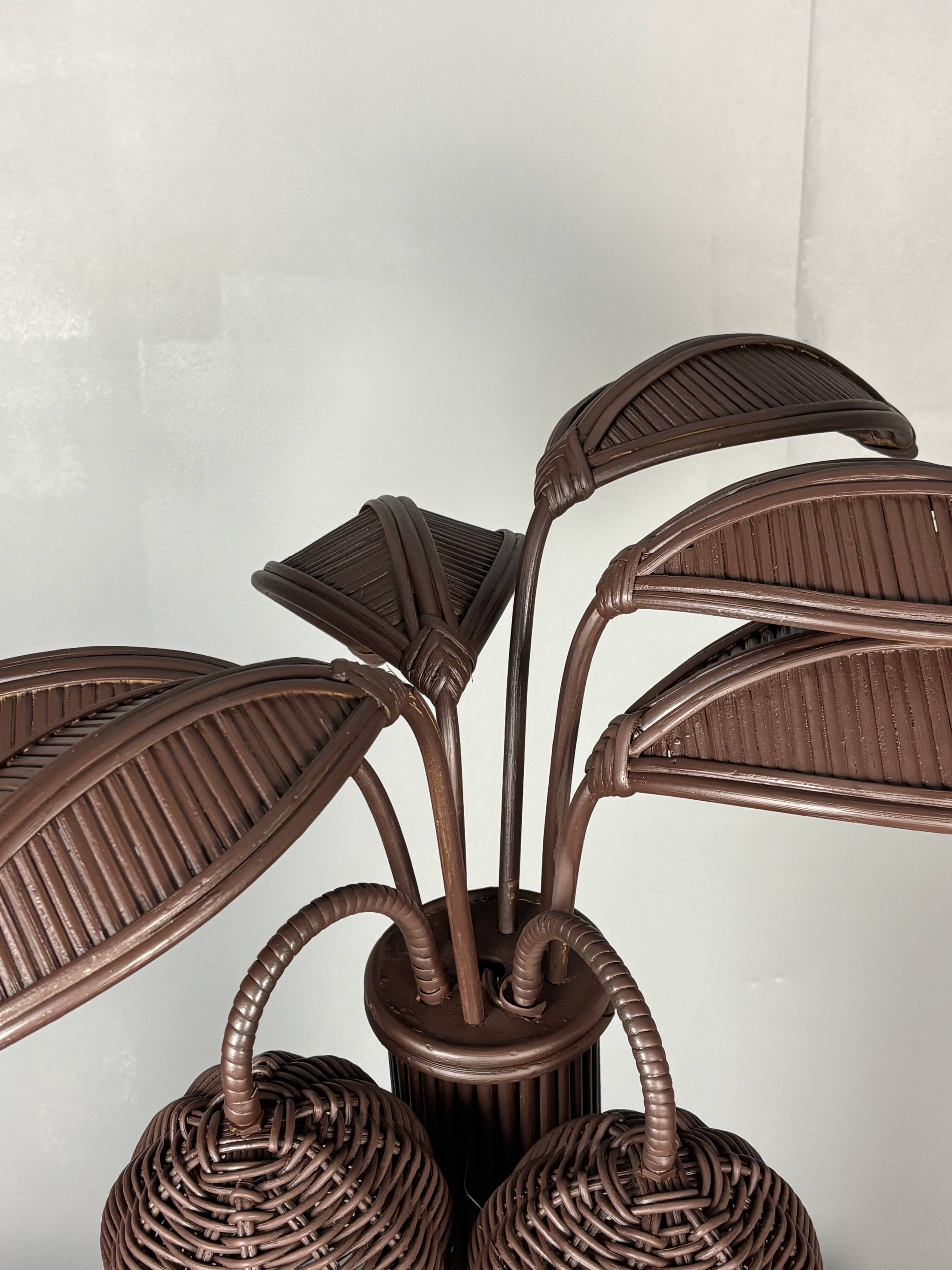 Pencil reed rattan bamboo palm tree coconut table lamp Maro Lopez style 70s