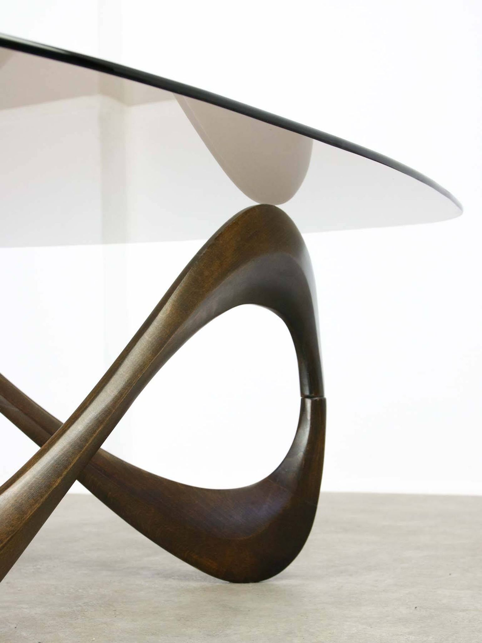 Italian Organic "Snake" Wooden and Smoked Glass Coffee Table, 1960s