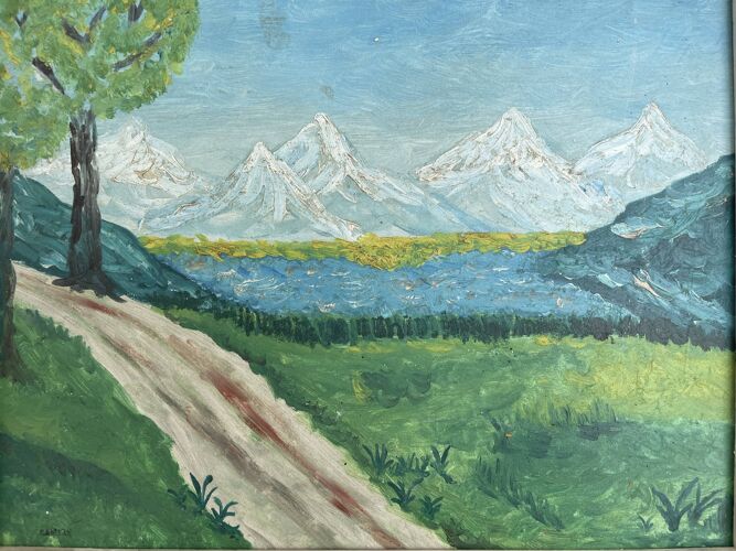 Tableau peinture ancienne paysage de montagne signé Bailly XXe