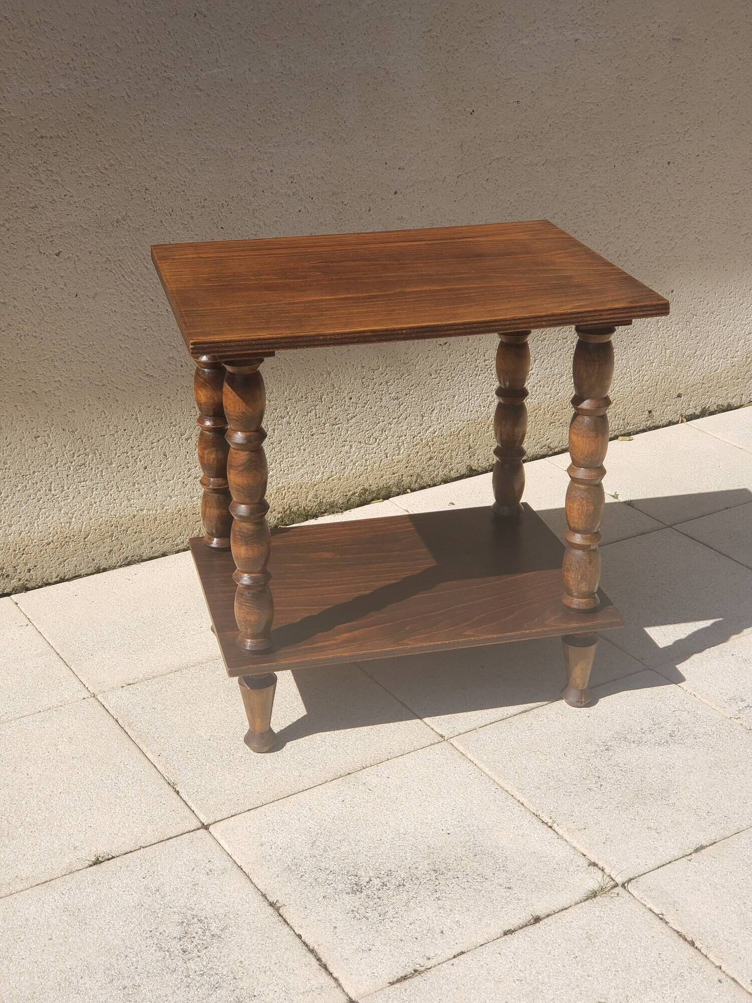 Vintage wooden console side table with turned legs.