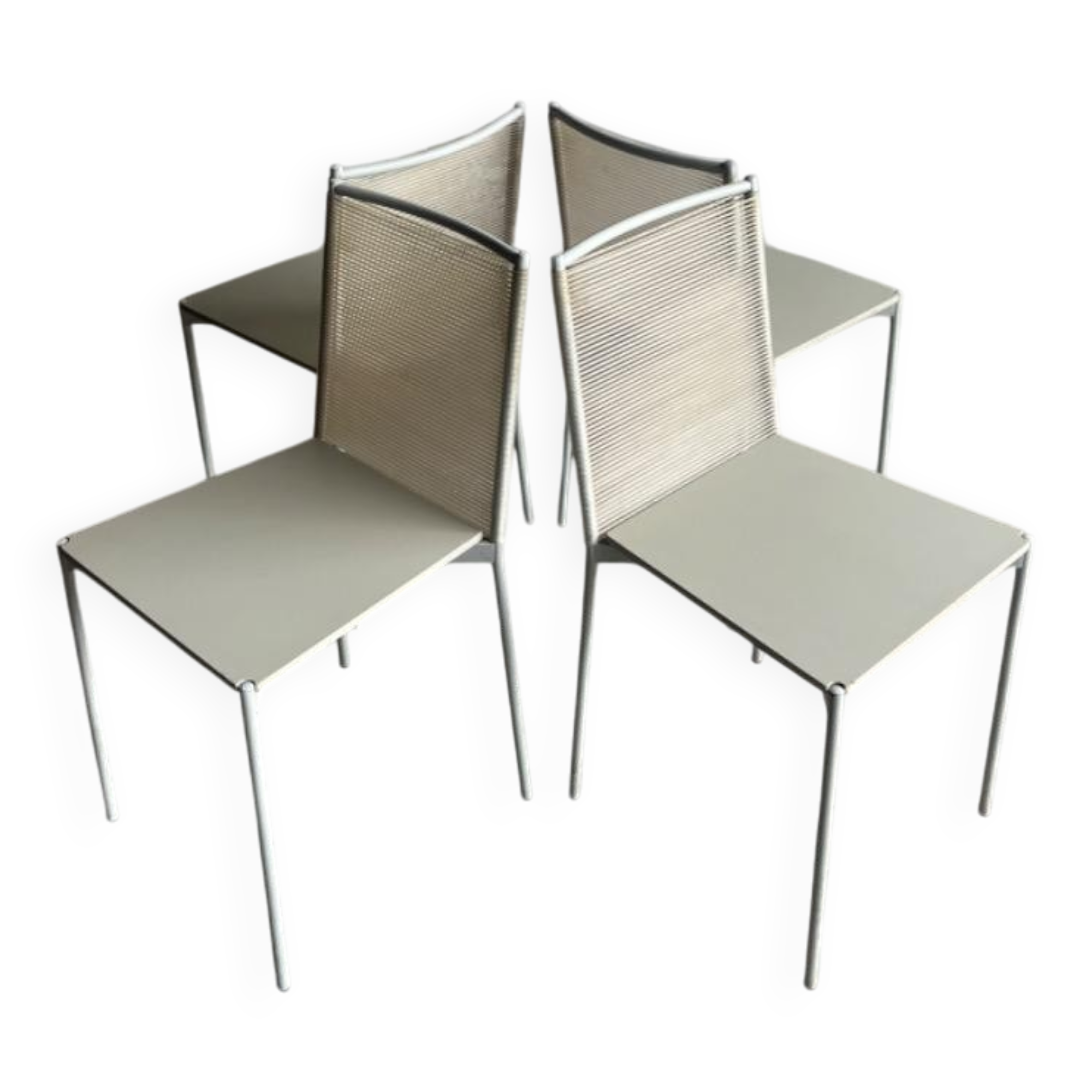 Set of 4 light grey powder-coated metal Fly Line chairs with cream rope - Giandomenico Belotti, 1980s